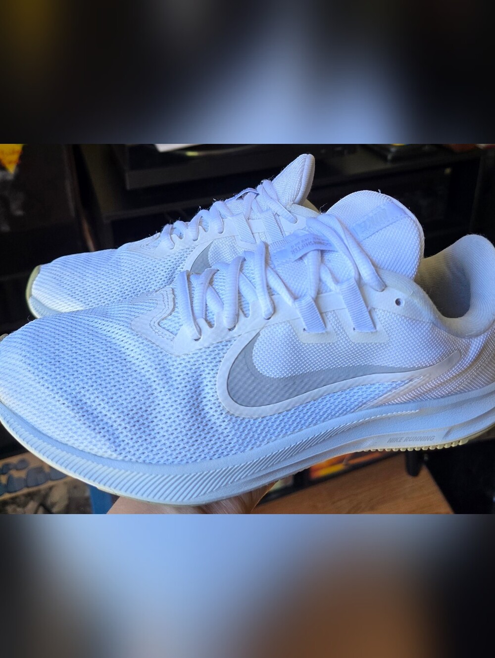 Sz 10 Women's NIKE DOWNSHIFTER 9 White/Reflective Gray Swoosh Running Shoes